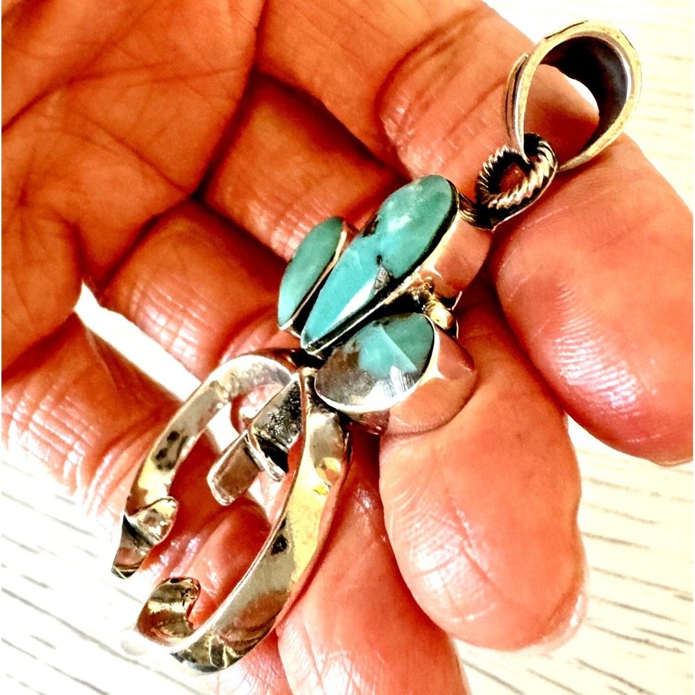 Navajo Naja Pendant Turquoise 2.75in Squash Blossom Sterling Irving Tsosie Crown - Picture 4 of 6